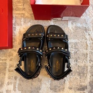Valentino Black Sandals with Gold and Red Studs